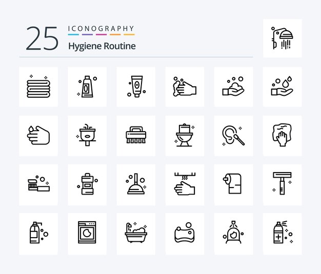 Hygiëne Routine 25 Line icon pack inclusief douche badkamer gezichtswastafel zeep