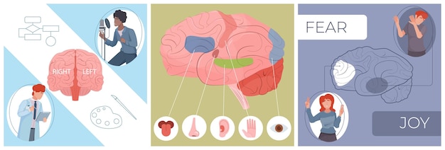 Iconen van hersenfuncties met symbolen van angst en vreugde platte geïsoleerde vectorillustratie