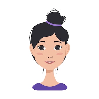Icoon van gezichtsuitdrukkingen avatars van een aziatische vrouw met donker haar. verschillende vrouwelijke emoties. aantrekkelijk stripfiguur. vector illustratie