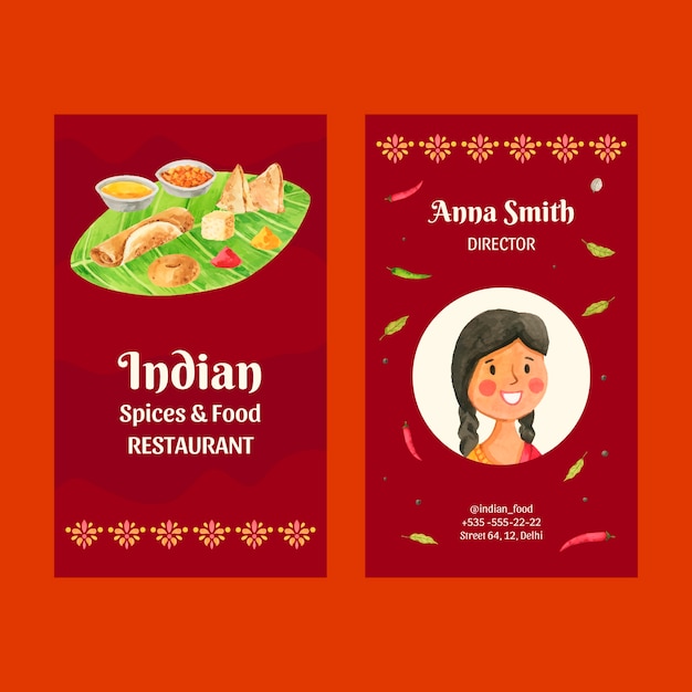 Gratis vector identiteitskaart voor aquarel indiaas eten restaurant