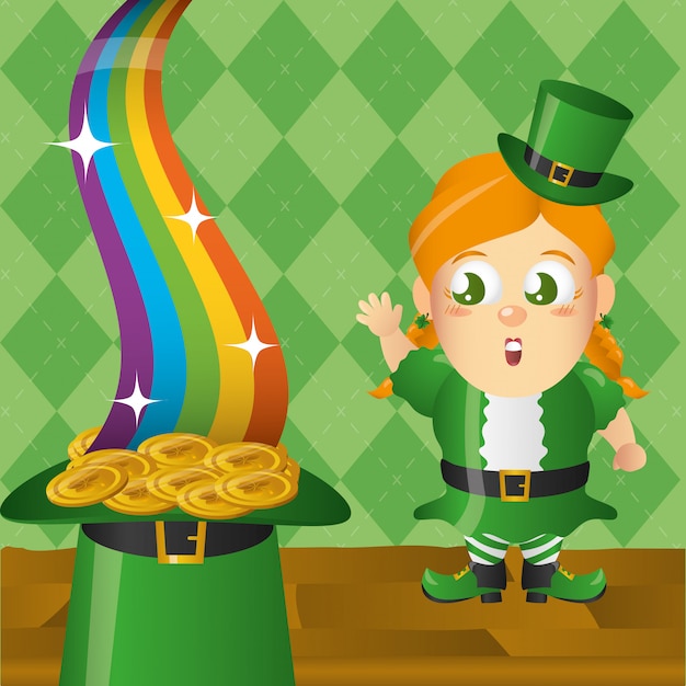 Ierse kabouter met munten en regenboog, st patricks day