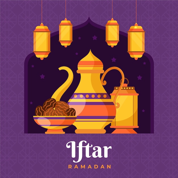 Iftar illustratie met maaltijden en lantaarns