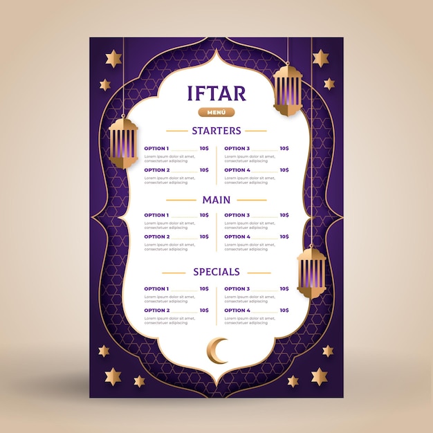 Gratis vector iftar menusjabloon in papieren stijl