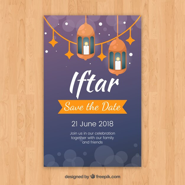 Gratis vector iftar-uitnodiging met lampen in vlakke stijl