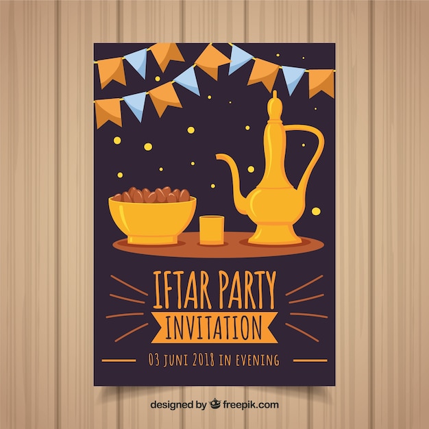 Gratis vector iftar-uitnodiging met voedsel en thee in vlakke stijl