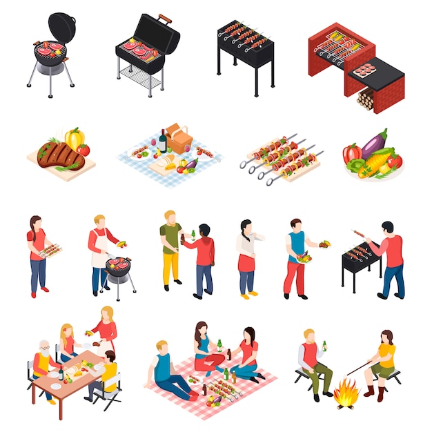 Iisometic bbq grill picknick icon set met volkeren eettafel picknick en grill apparatuur