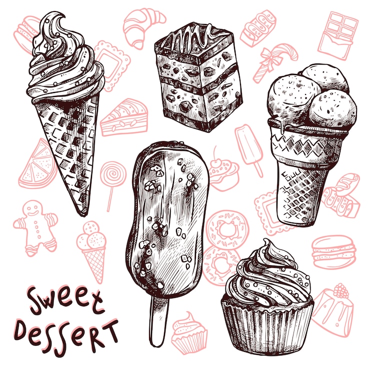 Gratis Vector ijs en gebak schets set