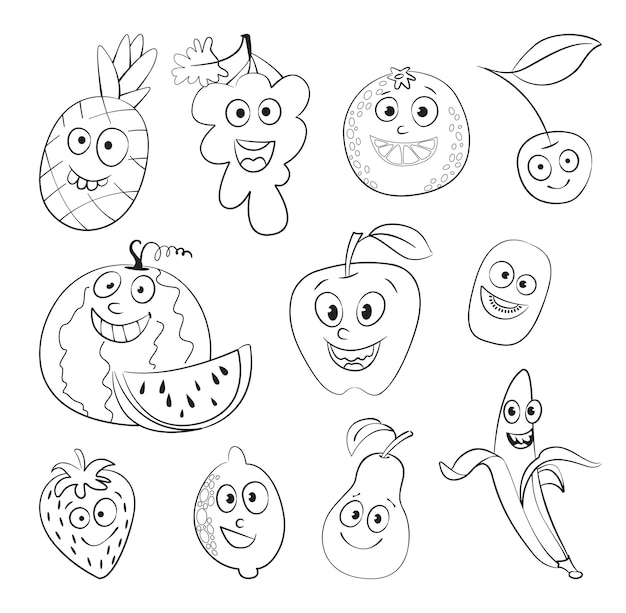 Ik hou van fruit grappige cartoon karakter vector illustratie kleurboek set