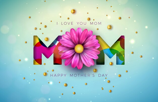 Ik hou van je mama. Gelukkig Moederdag wenskaart ontwerp met bloem en parel
