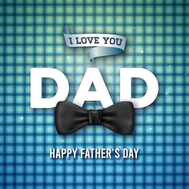 Gratis vector ik hou van je papa. gelukkig vaderdag wenskaart ontwerp met strikje en 3d-brief op blauwe geruite achtergrond. viering illustratie voor papa.