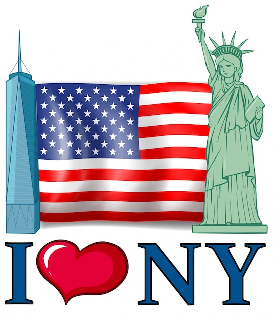 Gratis vector ik hou van new york banner met amerikaanse vlag en gebouwen