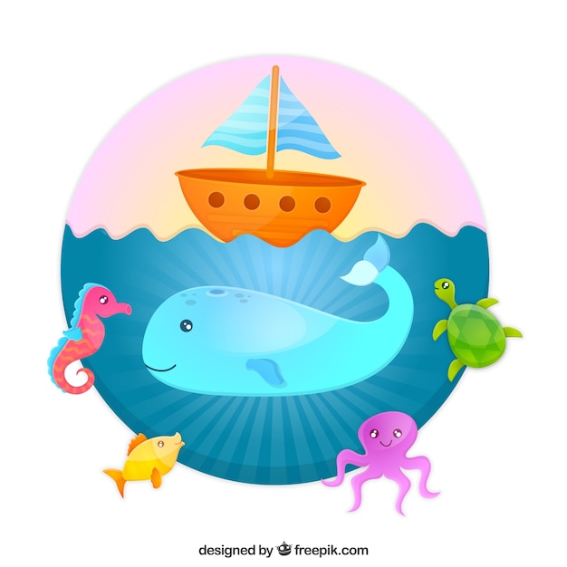 Gratis vector illustratie met een walvis op zee