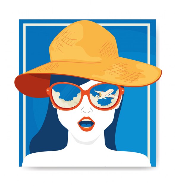 Illustratie met gezicht van vrouw met hoed reizen