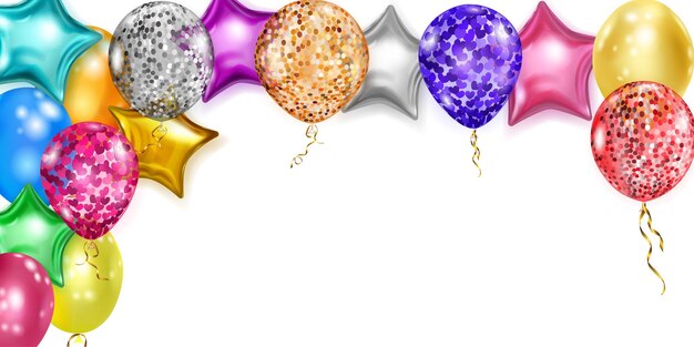 Illustratie met veelkleurige glanzende ballonnen, rond en in de vorm van sterren, met linten en schaduwen, op witte achtergrond