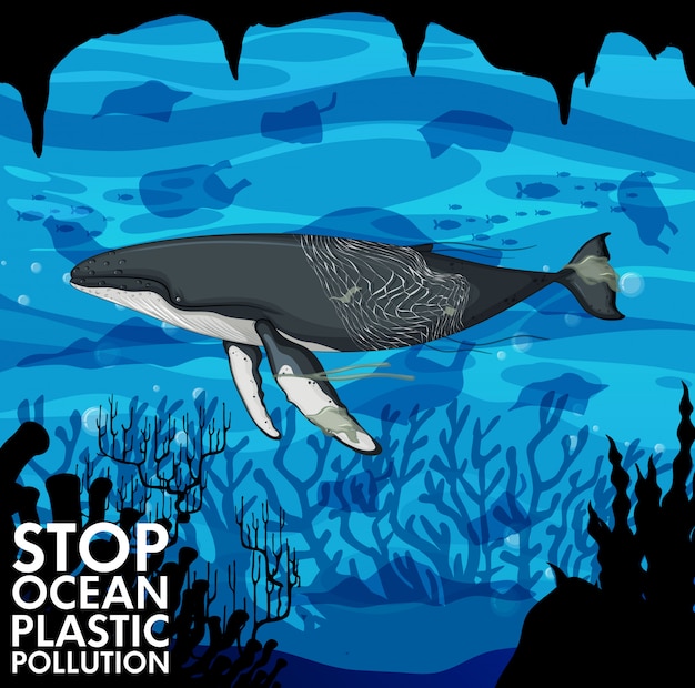 Illustratie met walvis en plastic zakken