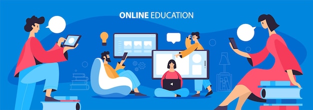 Illustratie over online onderwijsconcept. Mensen die met apparaten studeren