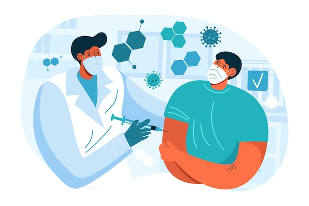 Gratis vector illustratie van arts die vaccin injecteert aan een patiënt in de kliniek