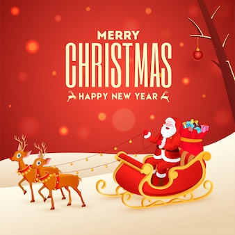 Illustratie van berijdende het rendierar van de kerstman op rode bokeh en sneeuw voor vrolijke kerstmis & gelukkige nieuwjaarviering.