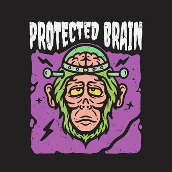 Illustratie van chimpansee met hersenen beschermd in glazen pot op zwarte achtergrond