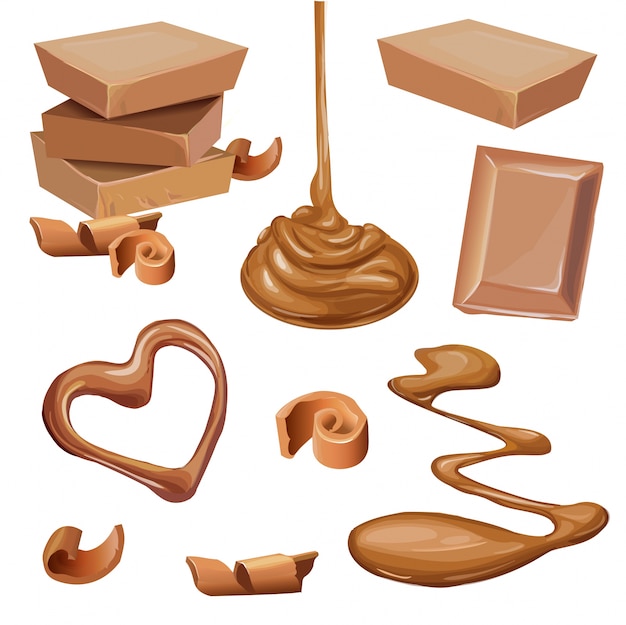Illustratie van chocolade in tegel, spaanders, vloeistof.