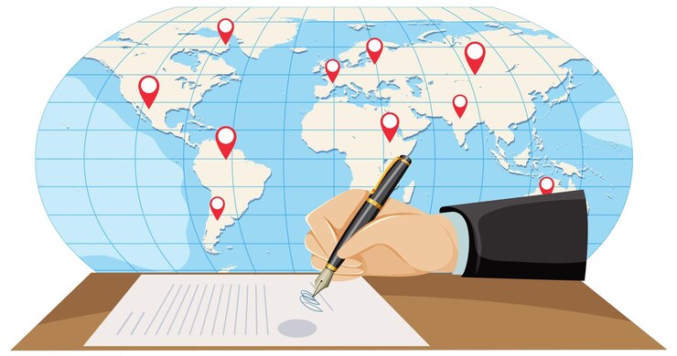 Gratis Vector illustratie van de ondertekening van een wereldwijde handelsovereenkomst