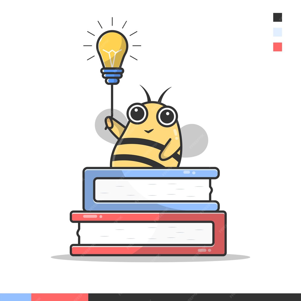 Illustratie van een bij die een lamp uit een boek houdt