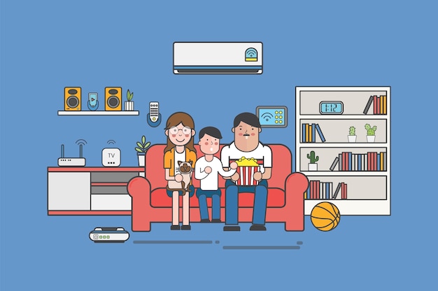 Illustratie van een familie die op tv thuis let