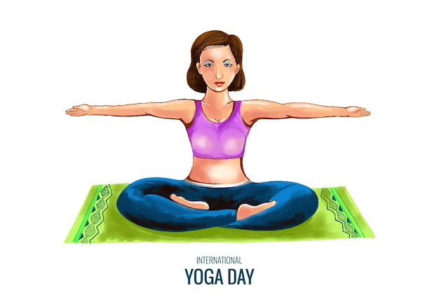 Gratis vector illustratie van een jonge vrouw die asana doet voor de achtergrond van de internationale yogadag