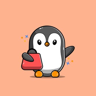 Illustratie van een pinguïn die een boodschappentas draagt