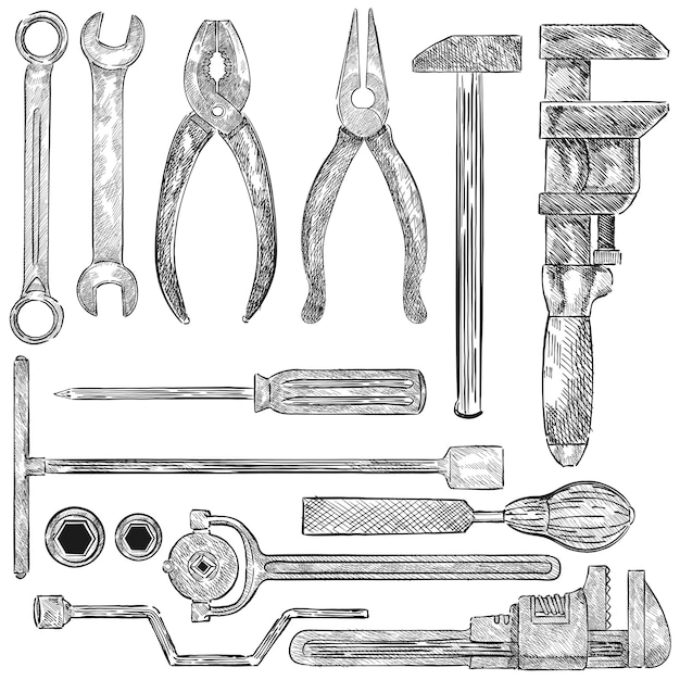 Illustratie van een reeks mechanische hulpmiddelen