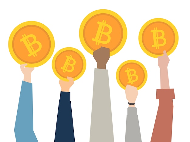 Illustratie van handen die bitcoins tonen