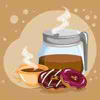 Gratis vector illustratie van heerlijke koffie in theepot en donuts