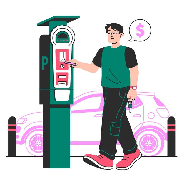 Illustratie van het concept van betaalde parkeerplaatsen op straat
