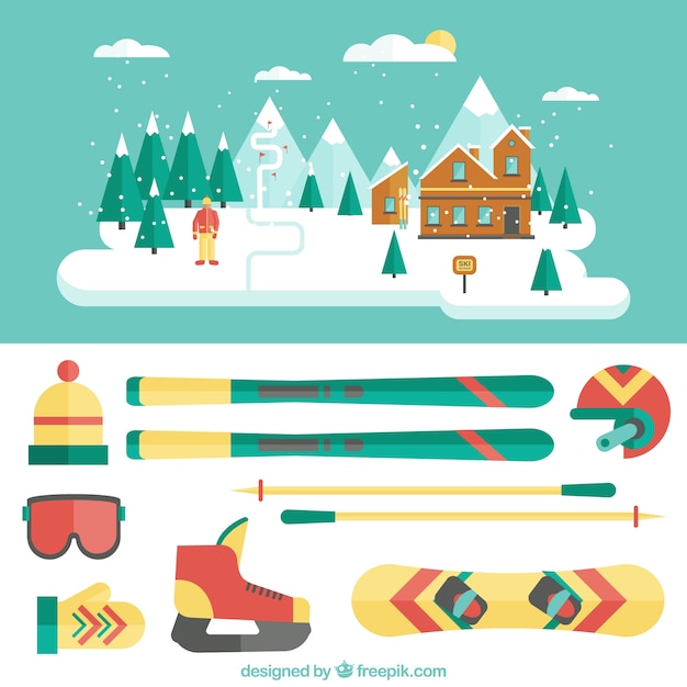 Gratis vector illustratie van het skigebied en apparatuur in plat design