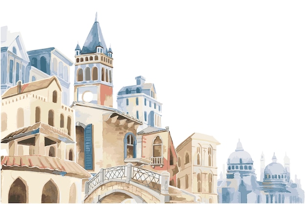 Illustratie van Mediterrane stad die de buitenkant van de het waterkleur van het de bouw buiten bouwen
