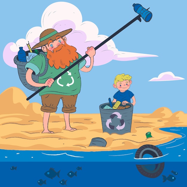 Illustratie van mensen die het strand schoonmaken