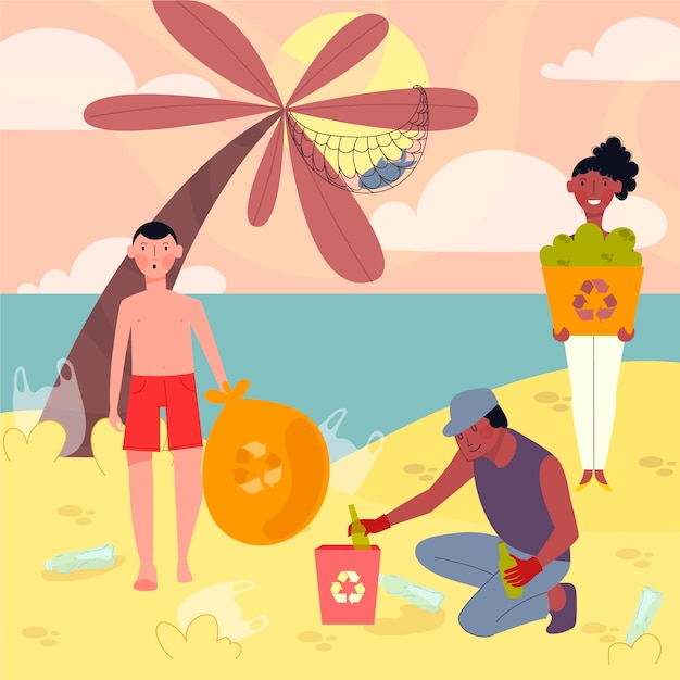 Illustratie van mensen die strand schoonmaken