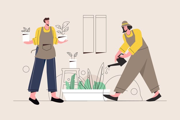 Illustratie van mensen die voor planten zorgen