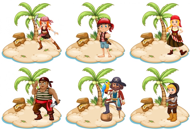 Gratis Vector illustratie van set piraten op het eiland