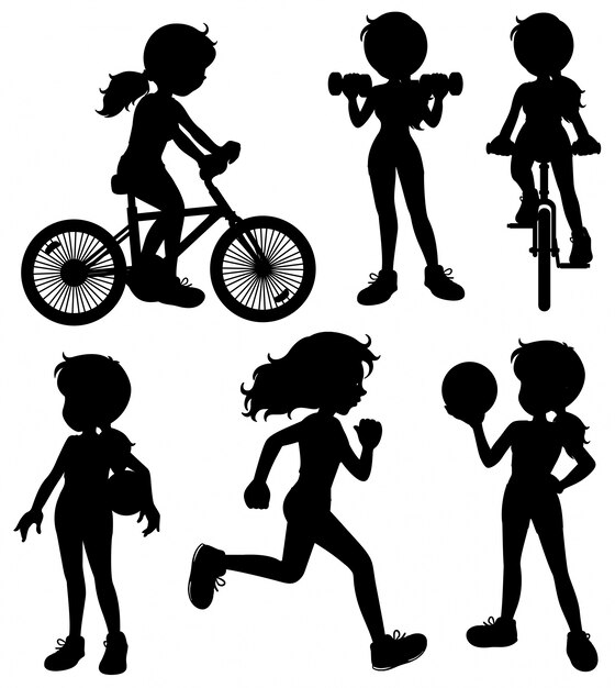 Illustratie van silhouet meisje die verschillende sporten doet