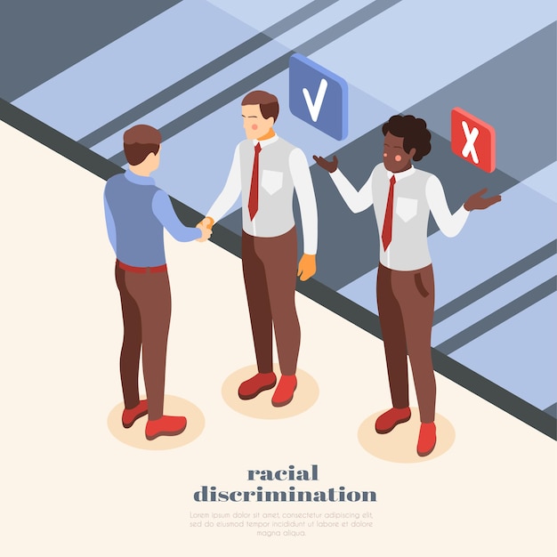 Illustratie van sociale ongelijkheid met man die lijdt aan rassendiscriminatie op het werk