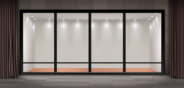 illustratie van storefront, met glas verlichte vitrine voor presentaties en museale tentoonstelling