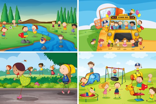 Illustratie van veel kinderen die in het park spelen