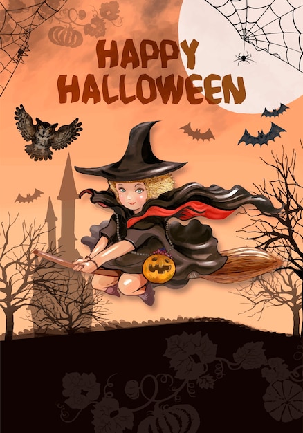 Illustratie van vliegende heks voor halloween-achtergrond