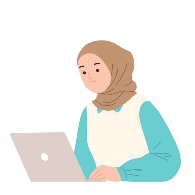 illustratie van vrouwelijk personage met hijab die op kantoor werkt