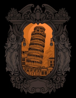 Illustratie vintage toren van pisa met gravure stijl