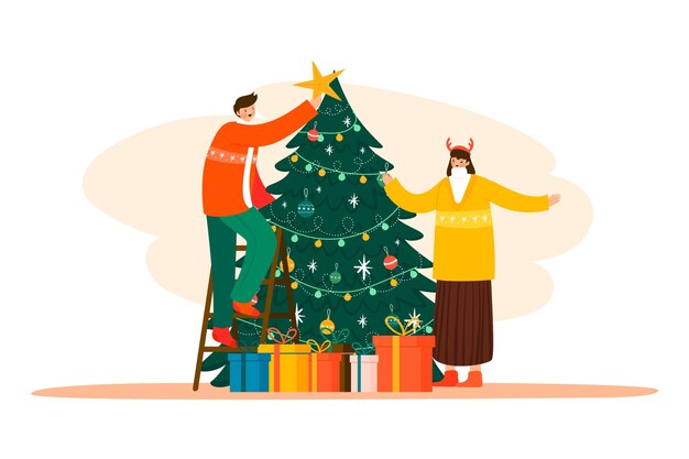 Illustratiemensen die Kerstmisboom verfraaien