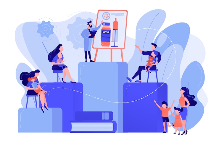 Gratis Vector immuniteitsbescherming, preventieve geneeskunde. immunisatie-educatie, educatieve informatie over vaccins, ouders informeren over vaccinatieconcept. roze koraal bluevector vector geïsoleerde illustratie