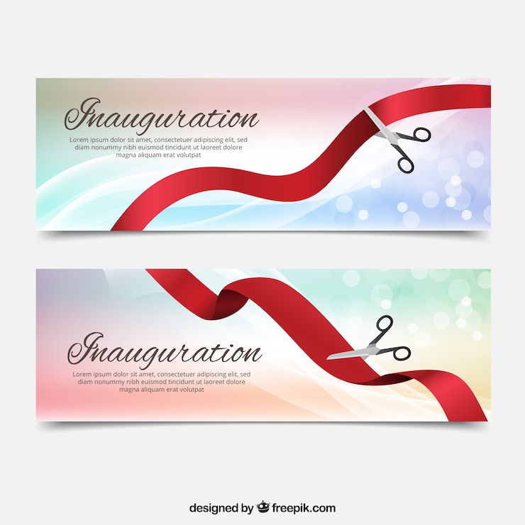 Gratis Vector inauguratie banners met een schaar snijden lint