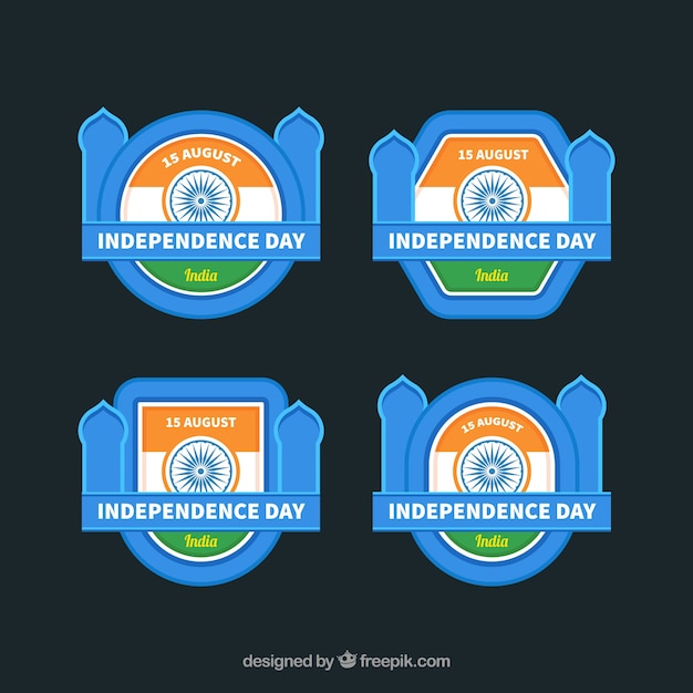 Gratis vector independence day of india badge collectie met platte ontwerp